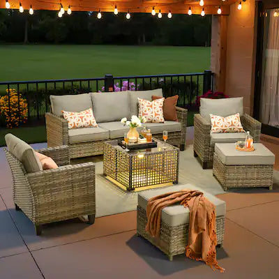 Ovios - 6 PCS Patio Furniture Conversation Set 3 Seat Sofa Comfy Armchair with Coffee Table & Ottoman