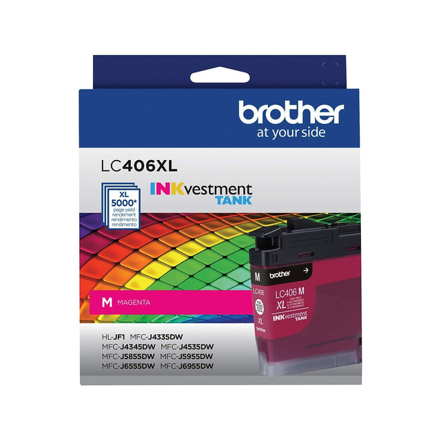 brother at your side

LC406XL

INKvestment TANK

XL 5000* page yield

rendimiento

M MAGENTA

HL-JF1 MFC-J4335DW MFC-J4345DW MFC-J4535DW MFC-J5855DW MFC-J5955DW MFC-J6555DW MFC-J6955DW

LC406 M XL