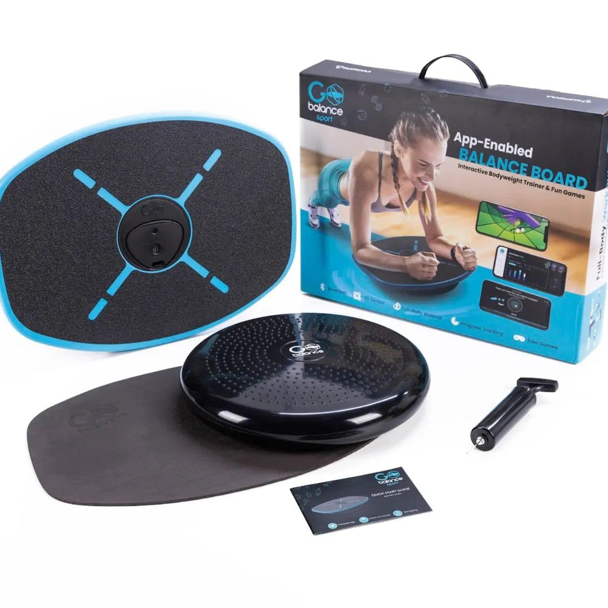 Particula - GoBalance Sport – App-Enabled Balance Board with Bluetooth & 12 Games for Home Workouts, Balance & Strength - Black with Blue