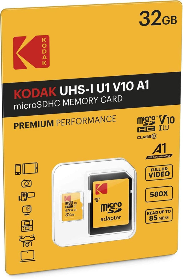 32GB KODAK UHS-I U1 V10 A1 microSDHC MEMORY CARD PREMIUM PERFORMANCE microSDHC UHS-I U1 V10 A1 CLASS 10 A1 APP PERFORMANCE FULL HD VIDEO 580X READ UP TO 85 MB/S