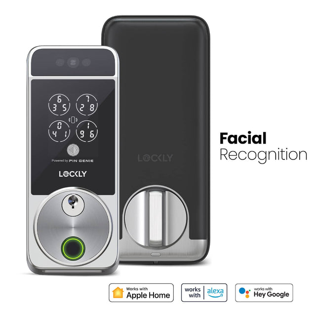 Powered by PIN GENIE LOCKLY LOCKLY Facial Recognition Works with Apple Home works with Alexa works with Hey Google