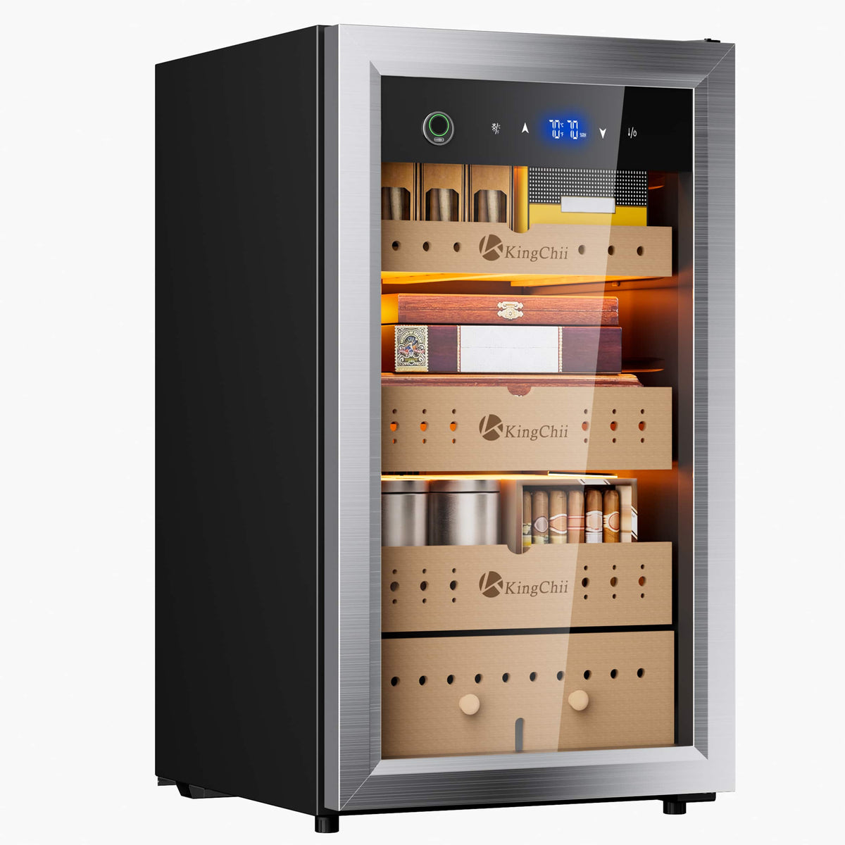 KingChii - Pro 80L Compressor Cigar Humidor with Temp & Humidity Control, 600-Cigar Capacity - Silver