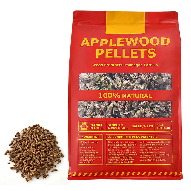 APPLEWOOD PELLETS 100% NATURAL Wood From Well-managed Forests Please Store In A Dry Place FP10080 20LBS/9.1KG RECYCLE A DRY PLACE WARNING PROPOSITION 65 WARNING Not for human or animal consumption. This product contains wood, a substance known in the State of California to cause cancer, birth defects, or other reproductive harm. Do not use for indoor heating or combustion of wood pellets, use a dust mask or other safeguards to avoid inhaling wood dust or wood smoke. Emissions from the combustion of wood pel