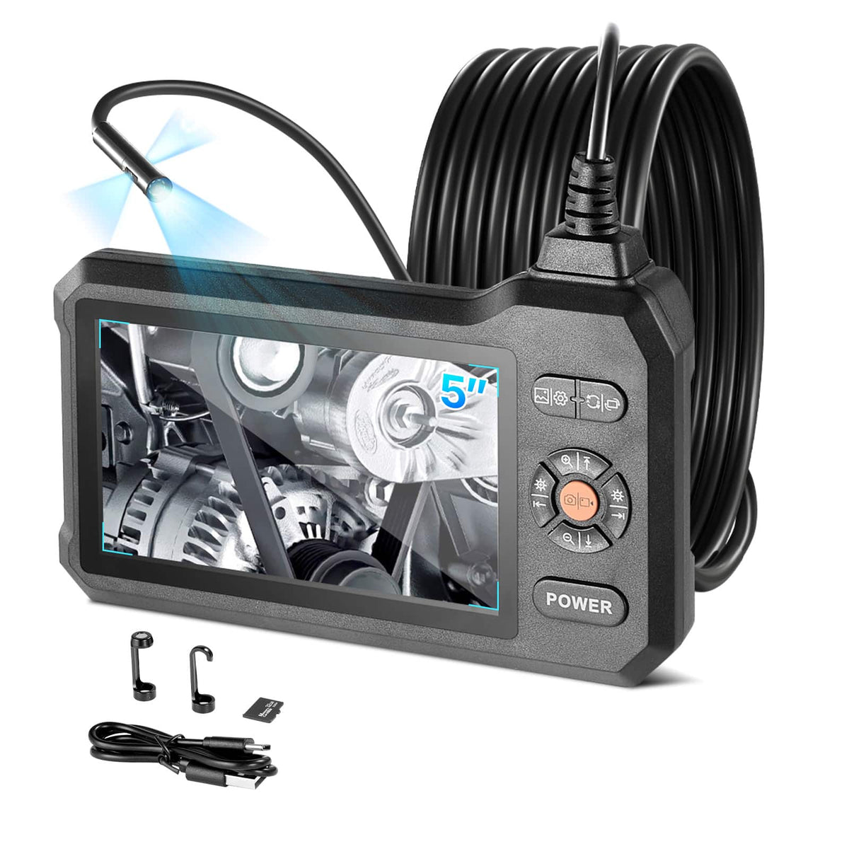 VEVOR - Triple Lens Endoscope with Light, 5" HD IPS Screen Industrial Borescope, 1280 x 720 Lens, 8 + 2 LEDs, 8X Zoom - Black