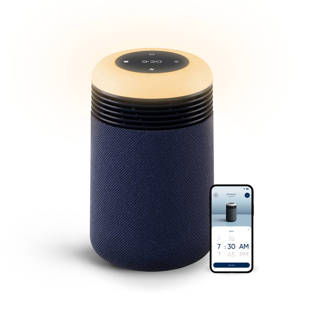 Front. Blueair - Blueair Smart Mini Restful Air Purifier with Sunrise Clock, Blue, for Bedrooms up to 607 sq ft - Midnight Blue.