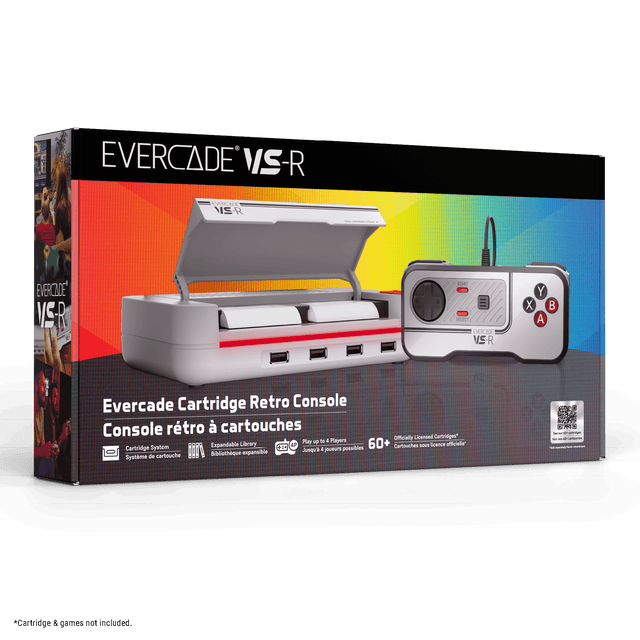 EVERCADE VS-R

Evercade Cartridge Retro Console  
Console rétro à cartouches

Cartridge System  
Système de cartouche

Expandable Library  
Bibliothèque expansible

Officially Licensed Cartridges  
Cartouches sous licence officielle

Play up to 2 Players  
Jouez jusqu'à 4 joueurs

60+ Cartouches  
Cartouches disponibles

*Cartridge & games not included.