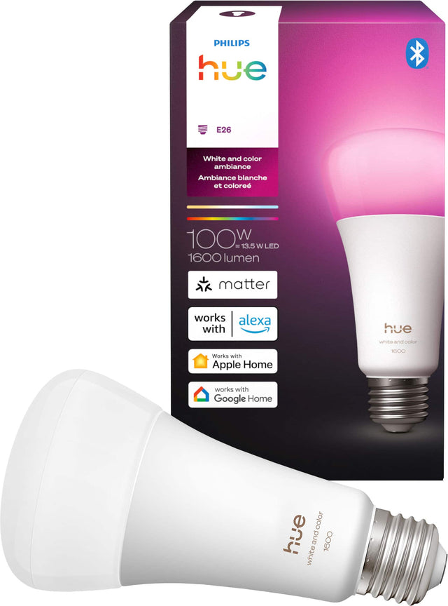 PHILIPS hue  
E26  
White and color ambiance  
Ambiance blanche et colorée  

100 W = 13.5 W LED  
1600 lumen  

matter  
works with alexa  
works with Apple Home  
works with Google Home  

hue  
white and color  
1600