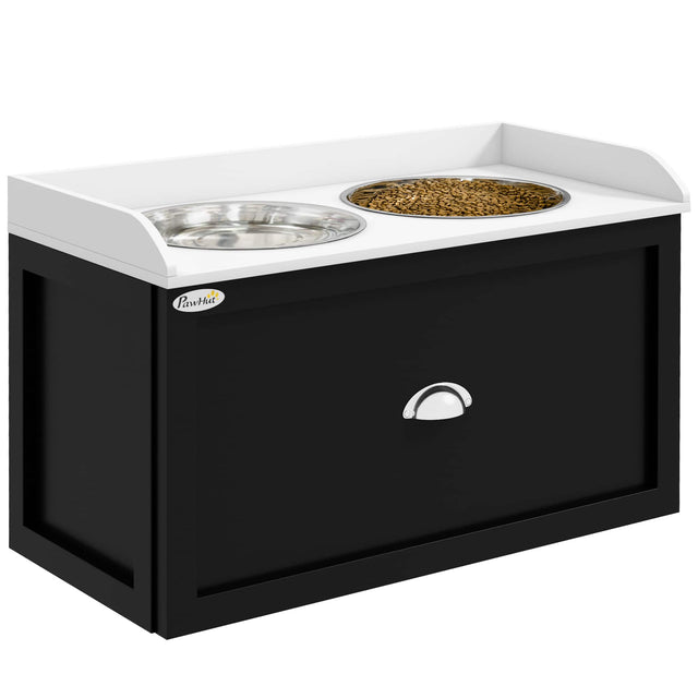 Front. Pawhut - Dog Feeding Station with Storage Drawer, Dog Food Storage Cabinet with 2 Removable Bowls for Dogs - White, Black.
