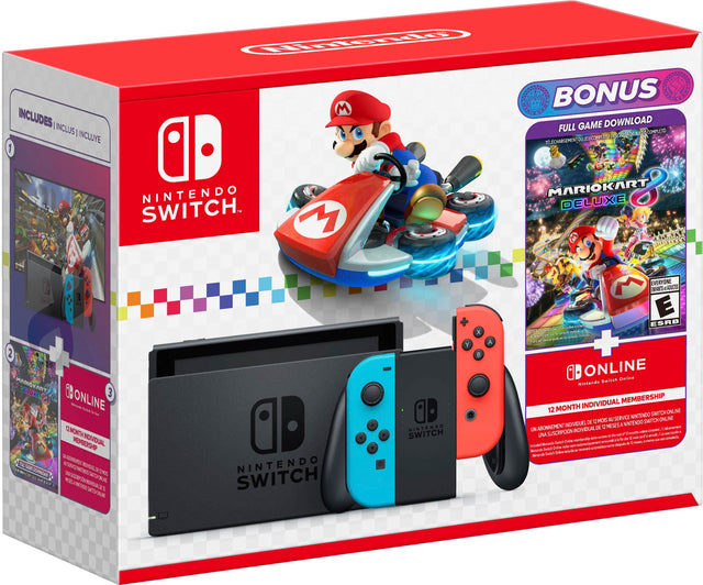 The box includes a Nintendo Switch and a bonus full game download. It also comes with a MarioKart Deluxe game. The box is designed for individual membership and is suitable for online play. The Nintendo Switch is a gaming console that allows players to enjoy various games, including those that require motion controls. The box also includes a game controller, which is essential for playing games on the Nintendo Switch.