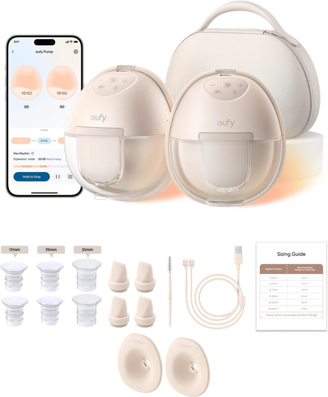 9:41 eufy Pump  
10:02 10:02  
eufy eufy - SYNC  
Max Rhythm  
Expression mode  
20:08 Stop Pumping  

Sizing Guide  
17mm 19mm 21mm  

Nipple Diameter  
13-15mm  
15-18mm  
18-20mm  
20-23mm  
23-28mm  

Recommended Size  
1"  
1.25"  
1.5"  
2"  
2.5"  

*Silicone inserts must be used with 26mm flange.