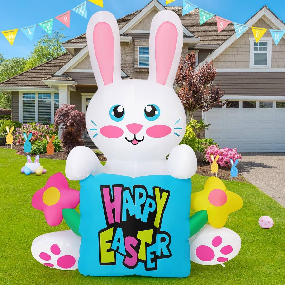 GOOSH Inflatables - Goosh 5.2 FT Easter Inflatables Rabbit Holding Pillow Colorful Flower with LED Lights - White
