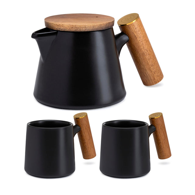 Front. ChefWave - ChefWave Artisan Series Ceramic Tea Pot with Infuser and Two Mugs - Black.