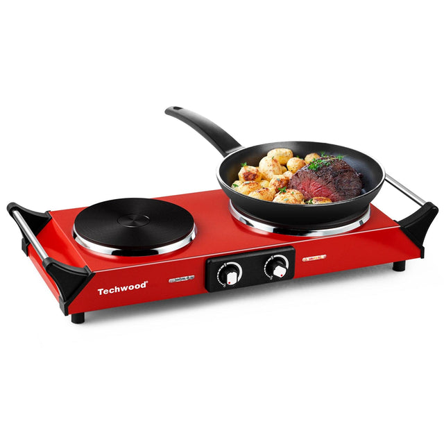 Front. Techwood - 1300w & 500w Double Burner with Stay Cool Handle, Adjustable Temperature Electric Cooktop for RV Home Camp - Red.