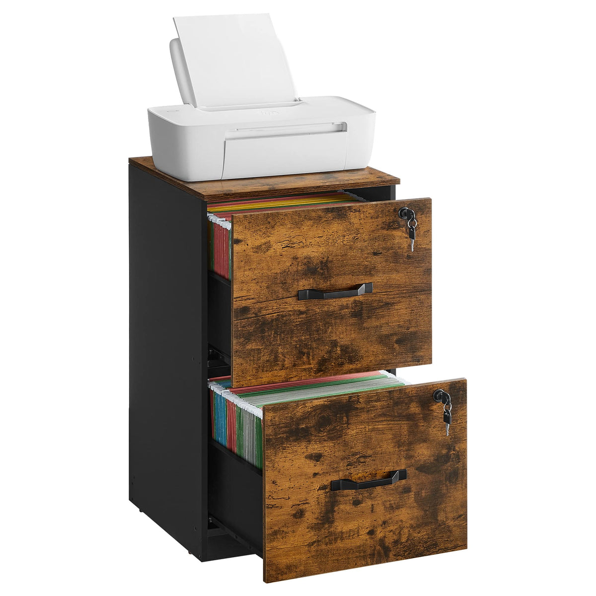 Songmics Home - 2 Drawers File Cabinet with Lock, Printer Stand, Office Filing Cabinet Organizer, for A4 and Letter Size Documents - Rustic Brown