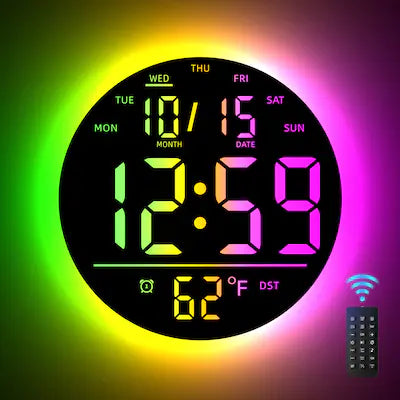 Easyera - 10" Digital Wall Clock with Remote Control, 360° RGB Light, Low-Reflectivity, Auto DST, Plug-in Powered
