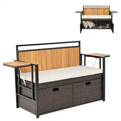 Costway - Patio Storage Bench with 2 Folding Side Tables,2-Seater Rattan Bench Seat with Cushion