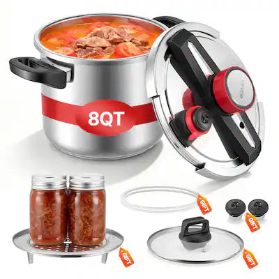 VEVOR - Pressure Cooker, 8Qt Pressure Cooker Stainless Steel, Pressures Canner with Steaming Rack, Tempered Glass Lid
