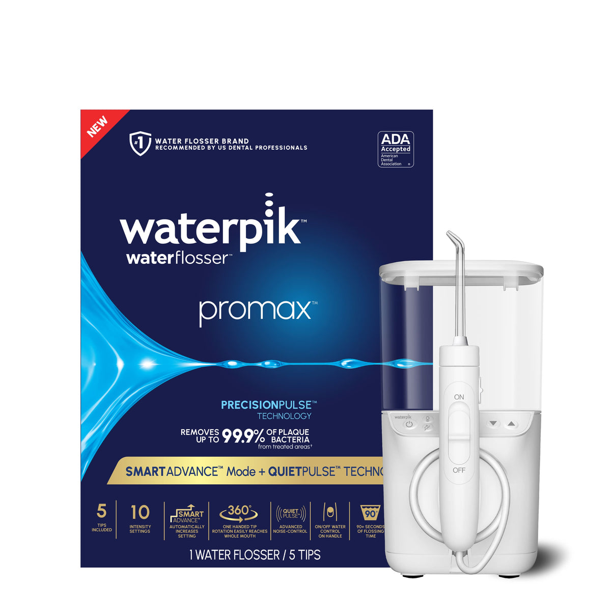Waterpik - Promax Water Flosser, 10 Settings with Smart Advance Mode, Small Quiet Design, 5 Tips, ADA Approved - White