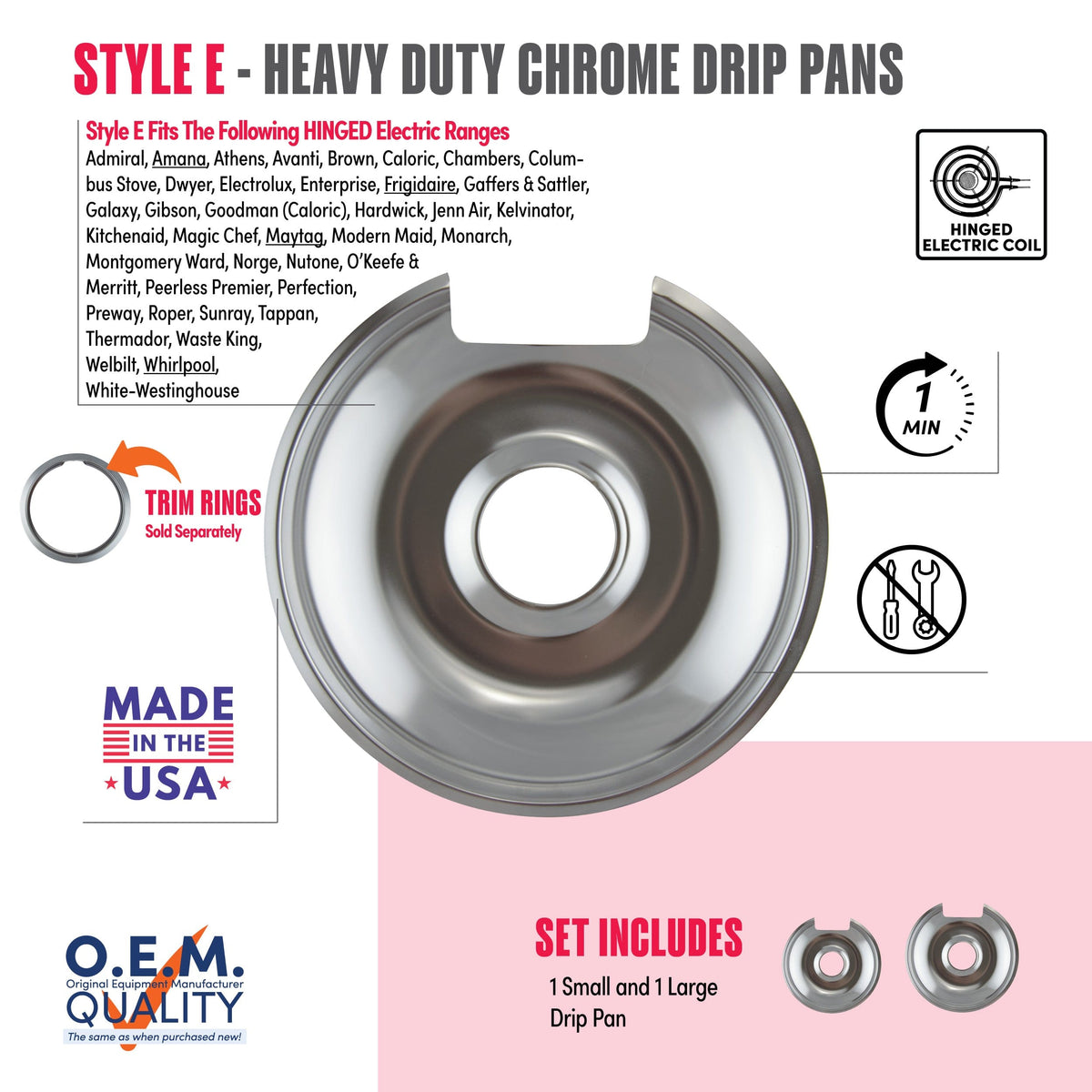Range Kleen - 10342X Style E 2pk Heavy Duty Chrome Drip Pans, Large and Small