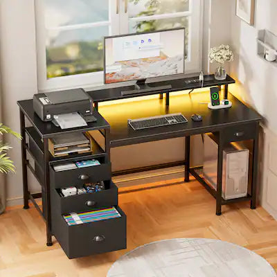 Furnulem - Gaming Desk with LED Lights Power Outlets Monitor Stand Home Office Desk with 3 Fabric Drawers 1 File Cabinet