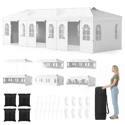 Costway - 10 x 30 FT Pop Up Canopy Tent with 8 Sidewalls Adjustable Height Reflective Strips