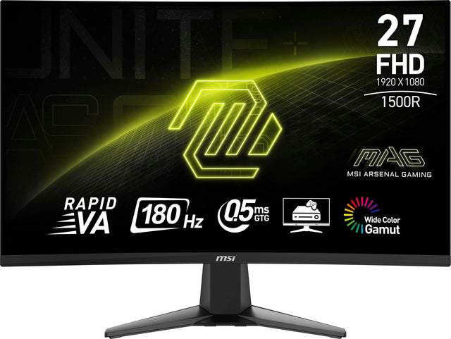 The text on the image is grouped and corrected as follows:

"Unite 27 FHD 1920 x 1080 1500R AF O MAG MSI Arsenal Gaming Rapid 180 Hz 05 ms GTG Wide Color VA Gamut MSI."
