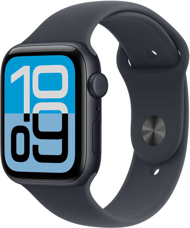 Front. Apple - Apple Watch SE 3 (GPS+Cellular) 44mm Aluminum Case with Midnight Sport Band - M/L - Midnight.