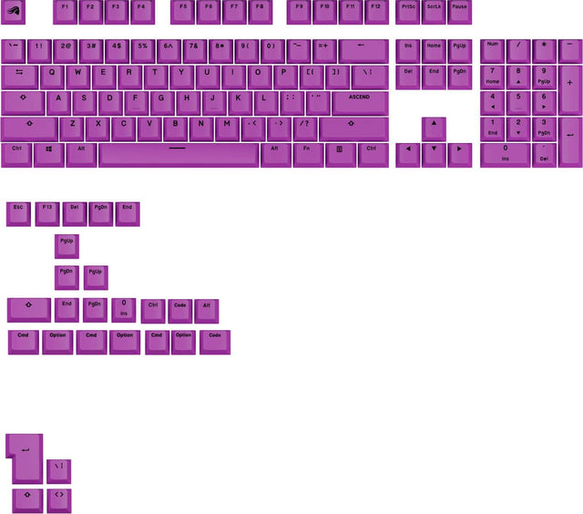 The image shows a purple keyboard with a few letters missing. The missing letters are:

1. F1
2. F2
3. F3
4. F4
5. F5
6. F6
7. F7
8. F8
9. F9
10. F10
11. F11
12. F12
13. PrtSc
14. SOrLk
15. Pause
16. 11
17. 2e
18. C
19. 4$
20. 5%
21. 6A
22. 78
23. 9
24. 0
25. +
26. -
27. Ins
28. Home
29. PageUp
30. End
31. PageDown
32. PageUp
33. PageDown
34. PageUp
35. PageDown
36. End
37. PageUp
38. PageDown
39. PageUp
40. PageDown
41. End
42. PageUp
43. PageDown
44. PageUp
45. PageDown
46. End
47. PageUp
48. PageDown
49.