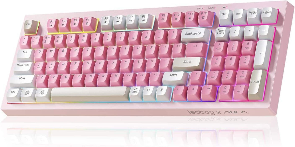 AULA - K99 98-Key Wireless Membrane Gaming Keyboard, RGB, Tri-Mode, Full-Size, 2000mAh, Numpad, Programmable, Bluetooth - Pink