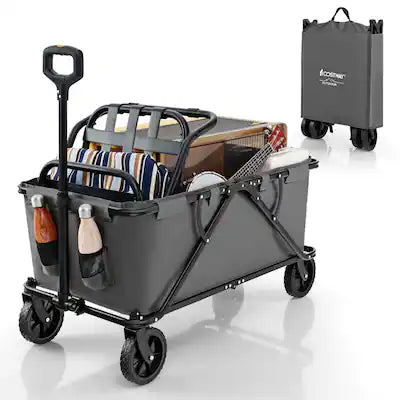 Costway - Heavy-Duty Wagon Cart with Adjustable Handlebar Bottle Holders & Storage Pocket Grey
