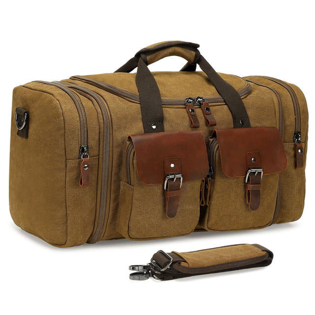 Front. Unique Bargains - Canvas Duffle Bag with Genuine Leather Accents Expandable 20-23 Inch Travel Weekender Multiple Pockets - Coffee.