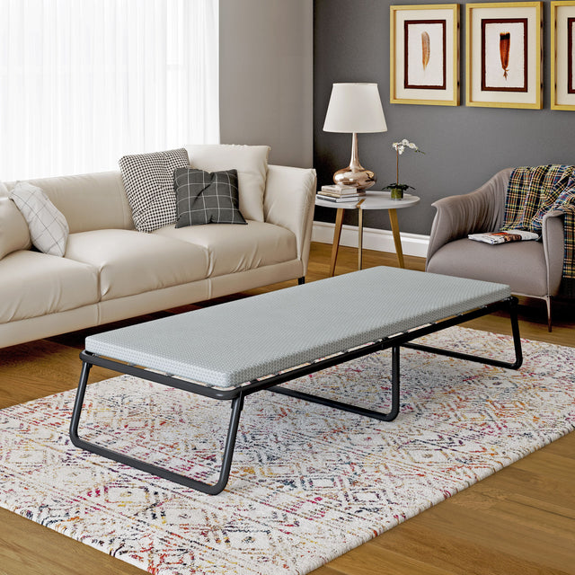 Front. Beautyrest - Folding Guest Bed, Metal Frame with Memory Foam Mattress, Washable Removable Cover - Light Blue.