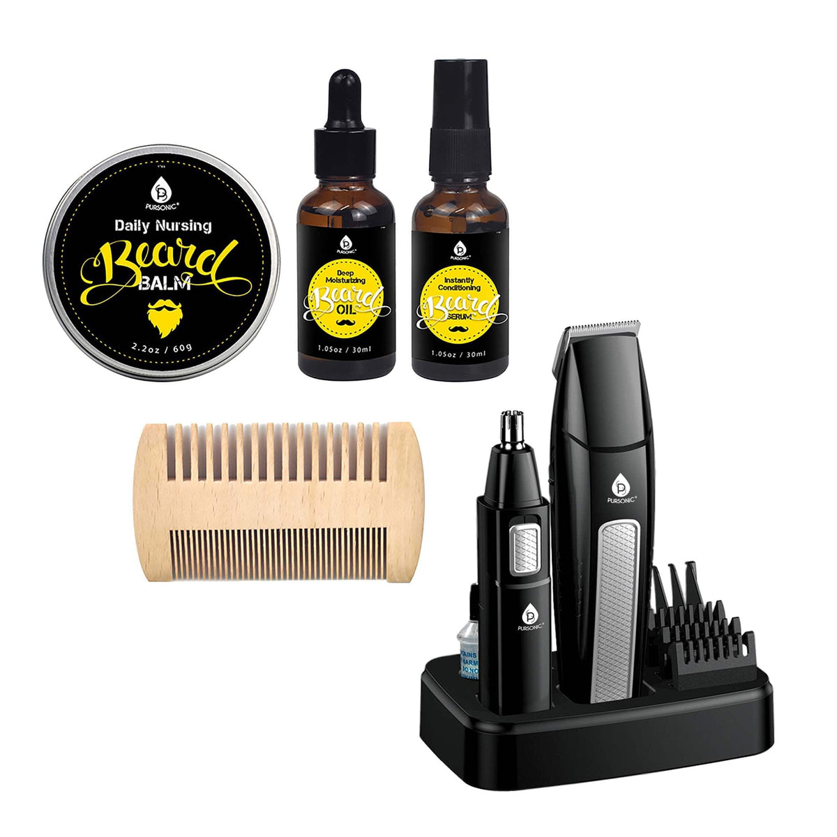 Pursonic - Grooming Essentials Bundle with 10-Piece Trimming Kit & 4-Piece Beard Care Set - Black
