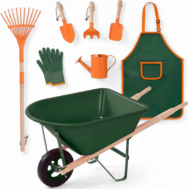 Front. Best Choice Products - Best Choice Products Kids Wheelbarrow Gardening Tool Set 8 Piece with Metal Tools, Apron, Gloves Ages 3+ - Green - Green.