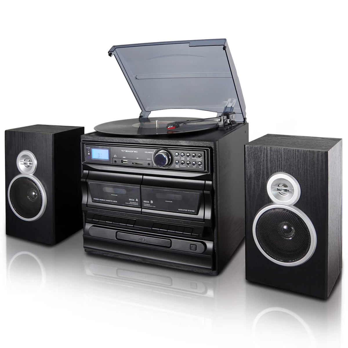 Trexonic - 3-Speed Vinyl Turntable Stereo System CD Player, FM Radio, Bluetooth, USB/SD Recording and Wired Shelf Speakers - Black