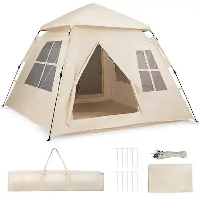 Gymax - 4 Person Camping Tent w/Rainfly Mesh Windows 2 Doors & Carrying Bag for Hiking