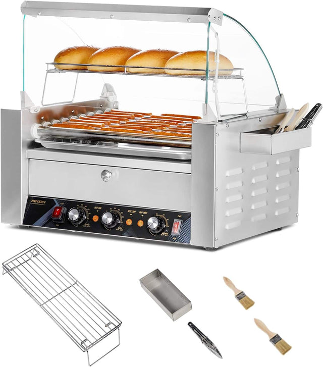 Front. Winado - Commercial Electric 24 Hot Dog 9 Roller Grill Cooker Machine with Bun Warmer, Dual Temp Control, Glass Cover, Drip Tray - Silver.