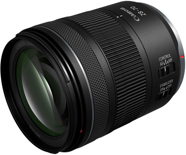 The text on the image reads "28-70 CANON LTv CONTROL MF AF I I I I STABILIZER OFF / ON 67mm."