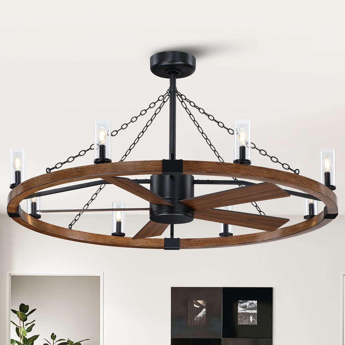 Parrot Uncle - 52" Rustic Farmhouse Wagon Wheel Candle Ceiling Fan Chandelier with Light and Remote - Black