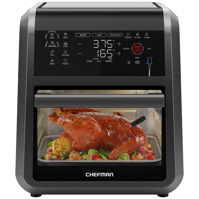 MEDIUM RARE MEAT WELL FRIES WHITE CHICKEN DARK CAKE FISH VEGGIES JERKY FRUITS AM FRY BAKE DEHYDRATE ROTATE HI-FRY 2 MIN START READY STOP REST HOUR MIN PROBE LIVE TARGET OFF 12 MIN FLIP CHEFMAN