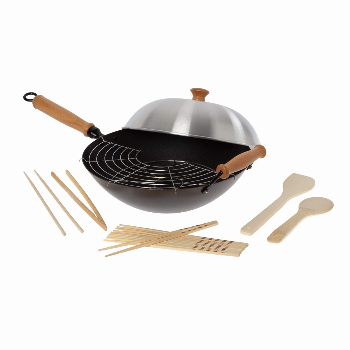 Joyce Chen - Professional Series 14-Inch Carbon Steel Ceramic Nonstick Flat Bottom Wok Set with Lid and Maple Handles, 10 Pieces - Black
