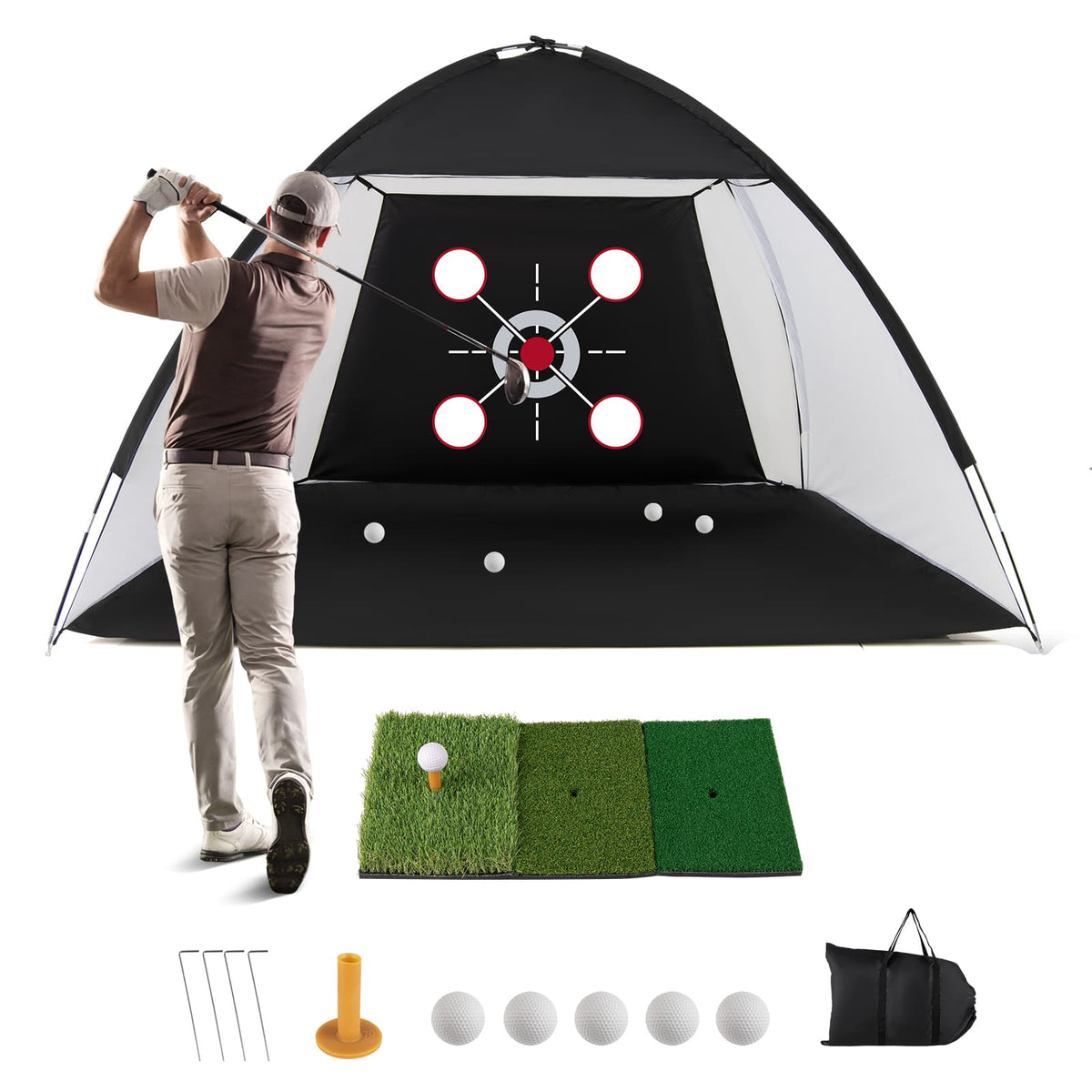 Costway - Golf Net with Foldable Tri-Turf Mat, Multiple Target for Training, Indoor & Outdoor - Black