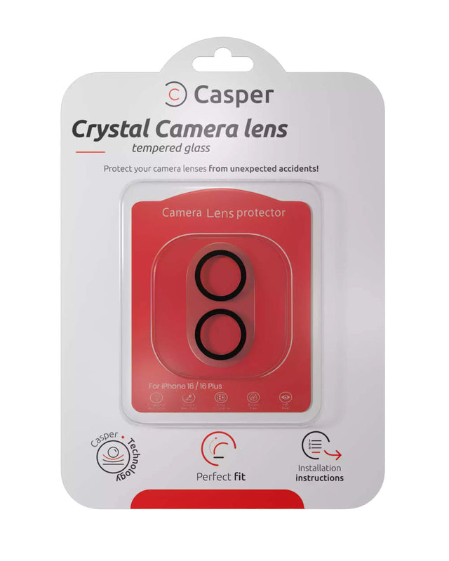 Casper Crystal Camera Lens  
tempered glass  

Protect your camera lenses from unexpected accidents!  

Camera Lens protector  

For iPhone 16 / 16 Plus  

Casper Technology  
Perfect Fit  

Installation instructions