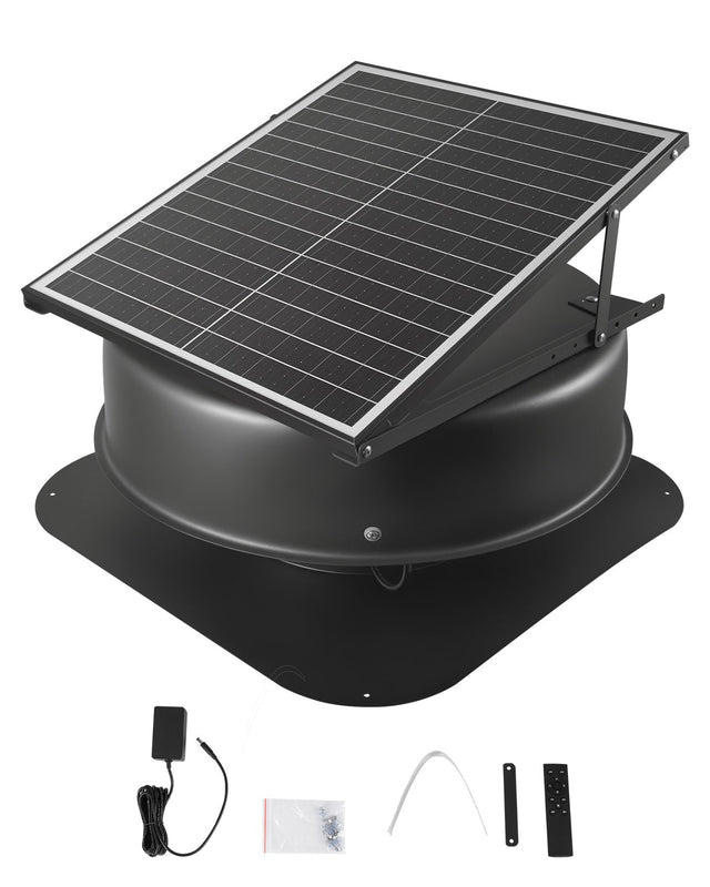 Front. VEVOR - Solar Attic Fan, 42 W, 2800 CFM Large Air Flow Solar Roof Vent Fan, Low Noise and Weatherproof with 110V Smart Adapter - Black.