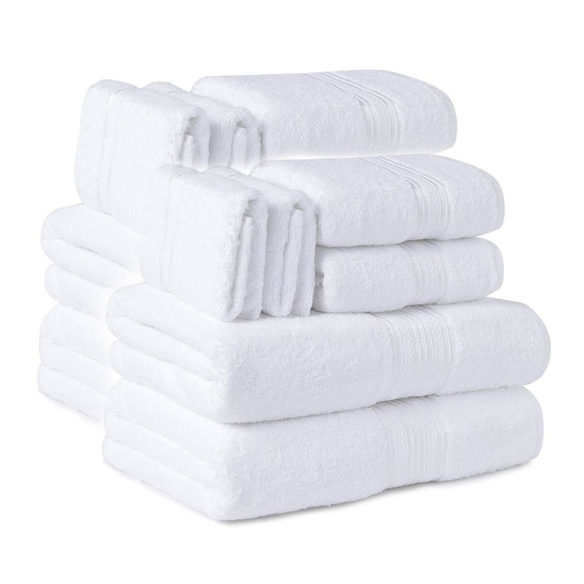 Plazatex - 100% Premium Cotton Textured Border Ultra Soft Absorbent 12 Piece Bathroom Towel Set - White