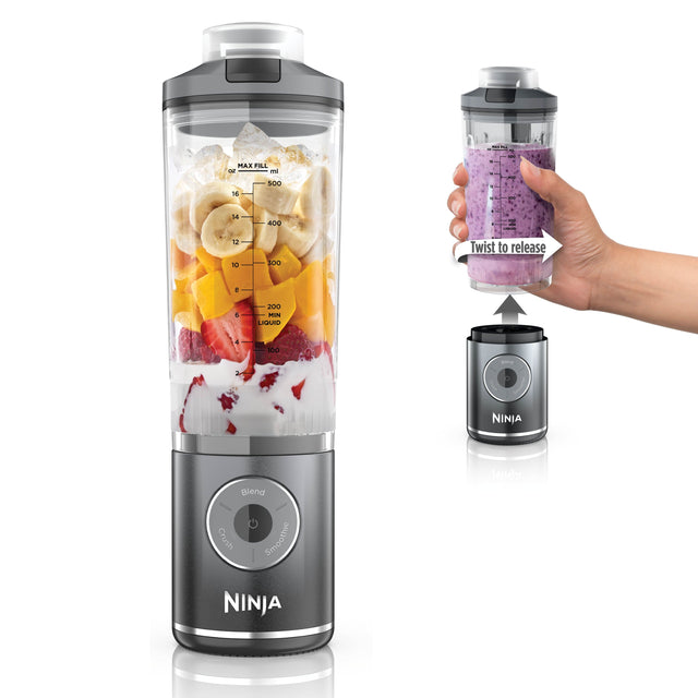 - MAX FILL
  - oz
  - ml
  - 16
  - 500
  - 14
  - 400
  - 12
  - 300
  - 10
  - 200
  - 8
  - 100
  - 6
  - 200 MIN LIQUID
  - 4
  - 100

- Twist to release

- Blend
- Crush
- Smoothie

- NINJA