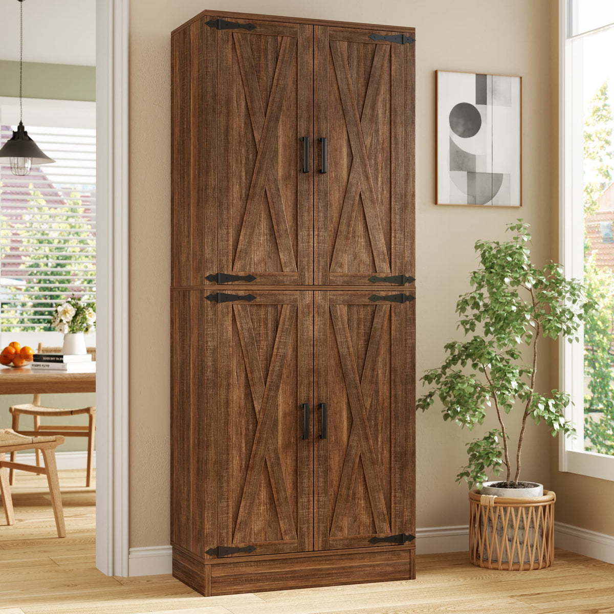 Aheaplus - 71'' Tall Farmhouse Pantry Storage Cabinet with 4 Barn Doors and Drawer, Cupboard with Adjustable Shelves - Retro Brown