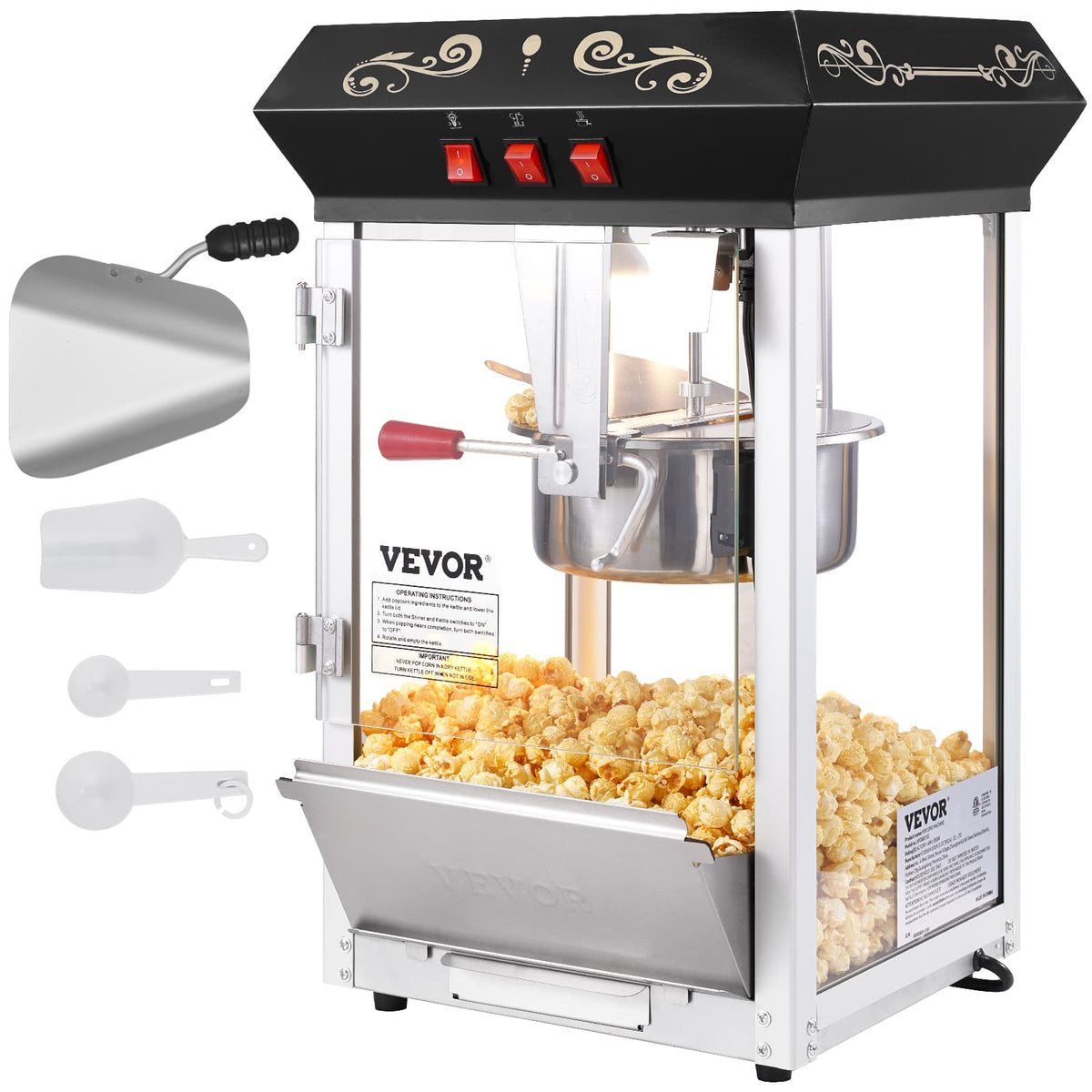 VEVOR - Popcorn Maker, 850W Popcorn Popper Machine, 8 Oz Kettle Makes 48 Cups per Batch, Countertop Popcorn Maker - Black