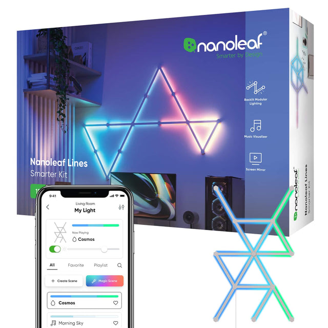 COMO nanoleaf Smarter by Design Backin Modular Lighting Music Visualizer Nanoleaf Lines Smarter Kit 1 9:41 Living Room My Light Now Playing Cosmos I Screen Mirror | ! nanoleaf Lines at 11%4 Nanoleaf All Favorite Playlist + Create Scene Magic Scene Cosmos Morning Sky