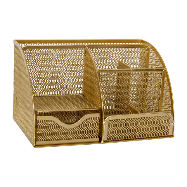 Front. Martha Stewart - Ryder Premium Mesh Metal Small Desktop Organizer With Drawer - Gold.